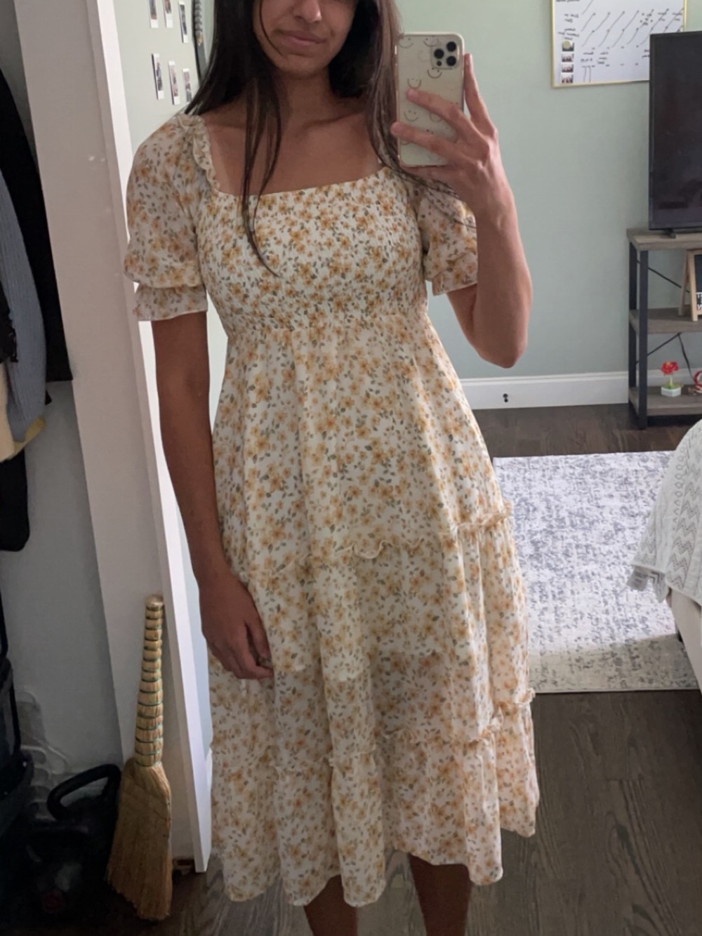 Smocked Square-Neck Midi Dress in Cream with Yellow Floral
